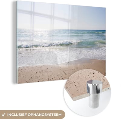 MuchoWow® Glasschilderij 120x80 cm - Schilderij acrylglas - Strand - Water - Turquoise - Foto op glas - Muurdecoratie woonkamer - Wanddecoratie slaapkamer - Schilderijen