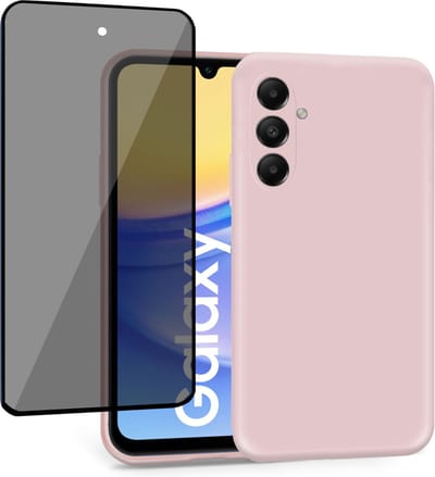 Geschikt voor Samsung Galaxy A05s - Hoesje + Privacy Screenprotector – Privé Gehard Glas Cover - Suède Case Rose