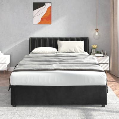 VVBV Gestoffeerd Opbergbed met 2 Lades 160x200 cm - Lattenbodem - Fluweel Zwart