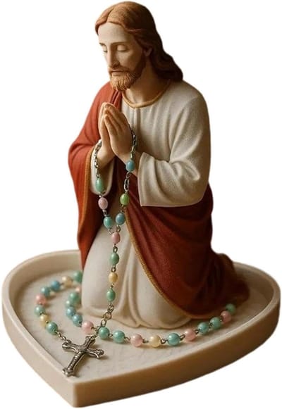 Rozenkranshouder Maagd Maria - Opbergstandaard Kralen - Spirituele Decoratie - Heilig Ontwerp - 12x6 cm - Wit
