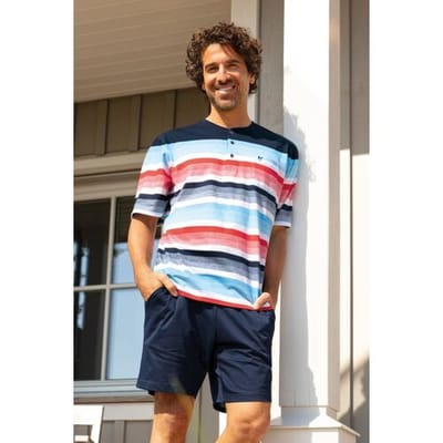 Hajo heren shortama blauw en rode strepen - Blauw - Maat - 48