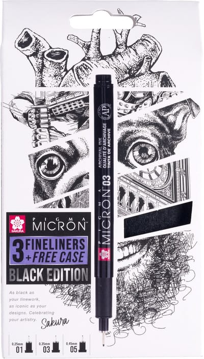 Fineliner Sakura Pigma Micron Black Edition Set mit 3 Breiten + gratis Etui