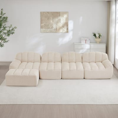 MODFU Modulaire Hoekbank - Frameloos Met Ottoman - Ergonomische Vorm - Voor Woonkamer - Fleecestof - Beige-Wit