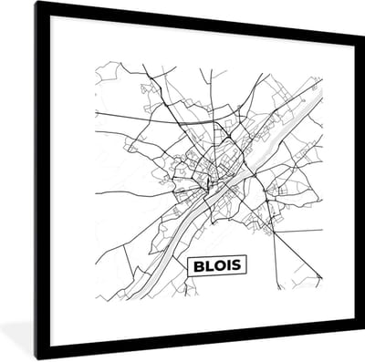 Fotolijst incl. Poster Zwart Wit- Stadskaart - Blois - Plattegrond - Kaart - Frankrijk - Zwart wit - 40x40 cm - Posterlijst