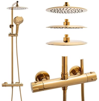 Regendoucheset met Thermostaatkraan - 25 cm - Goud - Messing & RVS - Inclusief Handdouche en Anti-Kalk Technologie