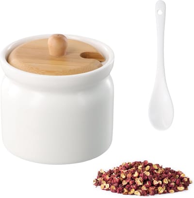 QTTVBTNA - 180ml Keramische Suikerpot met Deksel en Lepel – Keramiek – Voorraadpot met Bamboe Deksel – Voor Suiker, Zout, Koffie en Thee – Keukenopslag – Wit