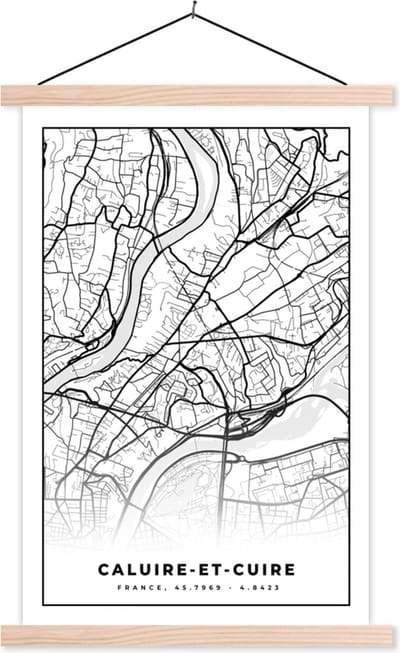 Posterhanger incl. Poster 40x60 cm - Schoolplaat - Stadskaart - Plattegrond - Kaart - Frankrijk - Caluire-et-Cuire - Zwart wit - Textielposter - Blanke latten - Stadskaart