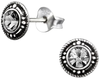 Joy|S - Zilveren Bali classic ronde oorbellen - 7 mm - black diamond grijs kristal - geoxideerd