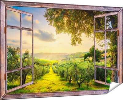 Gards Tuinposter Doorkijk Olijvenbomen - Olijvengaard - 180x120 cm - Tuindoek - Tuindecoratie - Wanddecoratie buiten - Tuinschilderij