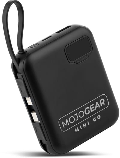 MOJOGEAR MINI GO Powerbank - 10.000 mAh - Met Ingebouwde Kabels (USB-C & Lightning) - 4 apparaten tegelijk opladen - LED-display voor batterijstatus - Zwart