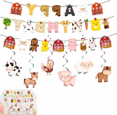 Feestelijke Verjaardagsbanner met Boerderij Dieren - 8 Delige Set voor Kinderfeestjes, Kleurrijke Decoraties met Slingers en Hangdecoraties voor Binnen en Buiten