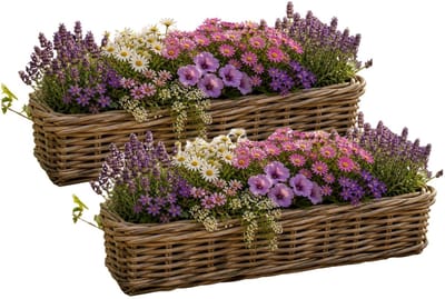 Mega Collections Plantenmand Java - 2x - rotan - naturel - rechthoek - 50 x 16 x 15 cm - plantenbak buiten/binnen