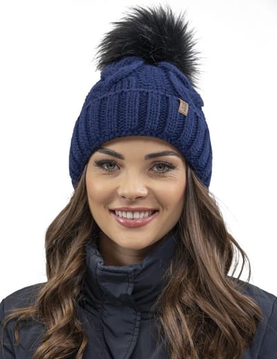 Vivisence Dames Wintermuts met pompon - Donkerblauw - Warm gebreid - Fleecevoering - Beanie