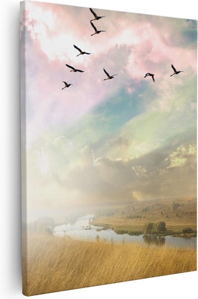 Artaza Canvas Schilderij Landschap - 80x100 cm - Groot - Wanddecoratie Vogels - Muurdecoratie Zonsondergang - Schilderijen Op Canvas Natuur