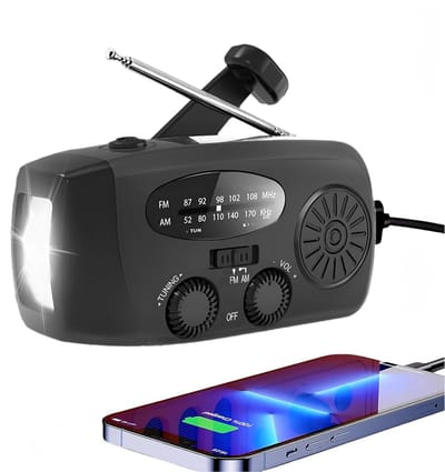 Cyslmuk Draagbare noodradio - Powerbank 2000 mAh - Zaklamp - Solar opwindbaar - SOS alarm - USB-C kabel - Noodpakket - Kunststof - zwart 0.3 kg