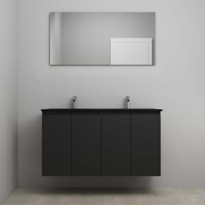 On-Line Badkamermeubelset - 120 cm - Voorgemonteerd - Greeploze Ladestructuur - Acryl Wastafel - 2 Kraangaten - Spiegel - Mat Zwart - V02