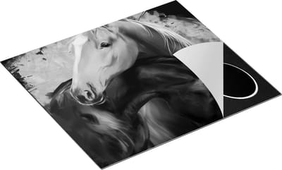 Chefcare Inductie Beschermer Twee Getekende Knuffelende Paarden - Abstract - Zwart Wit - 60x50 cm - Afdekplaat Inductie - Kookplaat Beschermer - Inductie Mat