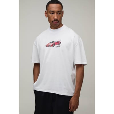 Oversized Boxy T-shirt Met Sportieve Autoprint | White | Size Small