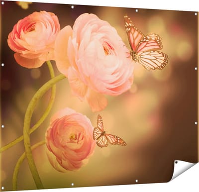 Gards Tuinposter Twee Roze Vlinders bij Roze Rozen - 150x120 cm - Tuindoek - Tuindecoratie - Wanddecoratie buiten - Tuinschilderij