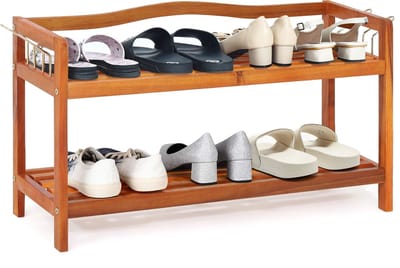 COSTWAY Schoenenrek van acaciahout, schoenenrek met metalen haken aan de zijkant, schoenenopslag houdt tot 12-18 paar, staand rek 74 x 26 cm voor hal, entree, woonkamer (2 niveaus)