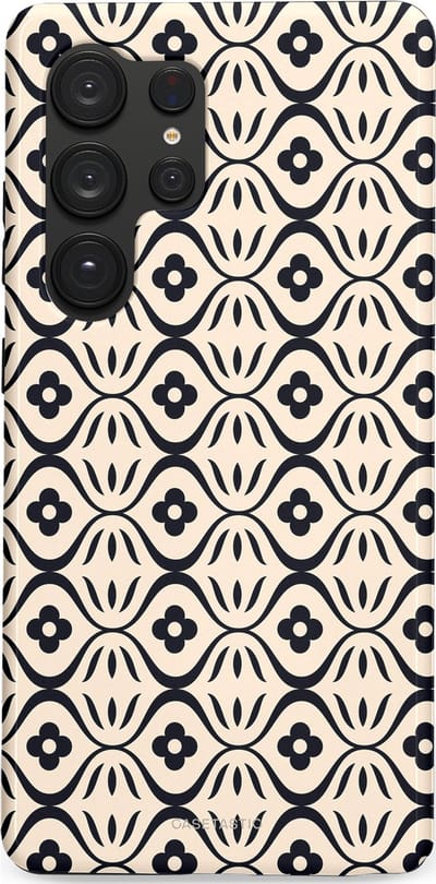 Casetastic hoesje geschikt voor Samsung Galaxy S25 Ultra - Dubbellaagse bescherming - Retro crème-zwarte bloemenprint - Fashion Case - Crème Grijs Donkergrijs