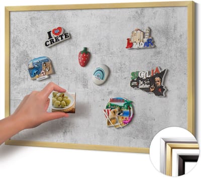 Wallfluent - Grijs Magneetbord Met Decoratieve Patronen - 70 cm x 50 cm - Magneetbord met Gouden Frame - Versleten betontextuur - Magnetisch Bord voor Thuis en Kantoor - Magnetisch Bord voor Magneten - Magneetbord voor Herinneringen
