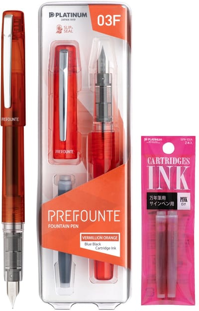 Platinum - Prefounte Vulpen - Medium - Vermillion Orange - Met Roze vullingen