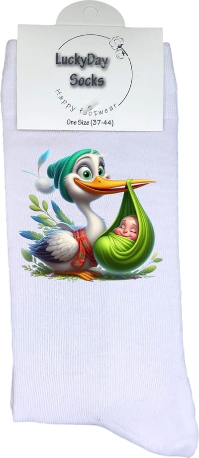 Ooievaar - Verjaardag cadeau - Grappige sokken - kraam cadeau - Baby -Leuke sokken voor heren en dames - Moederdag - Vaderdag - Print - Cadeau voor hem en haar - Kerstcadeau - Vrolijke sokken - Valentijn cadeau - Socks waar je Happy van wordt - 37-44