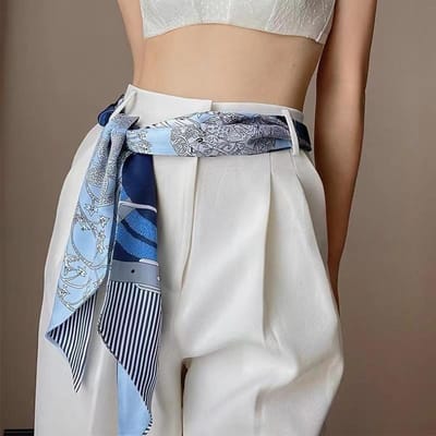 Petite ceinture de taille en foulard de soie, bandeau pour femmes, ruban polyvalent fin pour chemise printemps et automne bleu