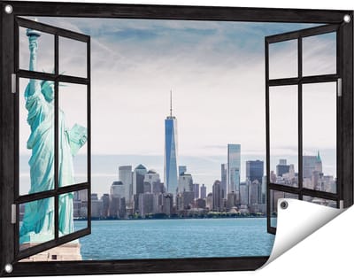 Gards Tuinposter Doorkijk Vrijheidsbeeld in New York - 90x60 cm - Tuindoek - Tuindecoratie - Wanddecoratie buiten - Tuinschilderij