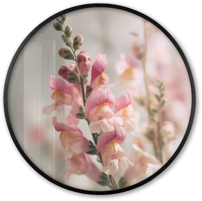 Poster in lijst Rond - Fotolijst 60x60 cm - Posters - Bloem - Leeuwenbek - Roze - Stengel - Ronde posterlijst zwart - Decoratie - Wanddecoratie woonkamer - Muurdecoratie slaapkamer