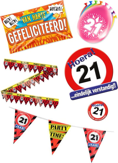21 jaar verjaardag versiering pakket – vlag - gevelvlag – ballon – paperdreams