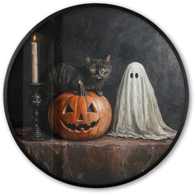 Poster in lijst Rond - Fotolijst 60x60 cm - Posters - Halloween - Pompoen - Spook - Zwarte kat - Stilleven - Ronde posterlijst zwart - Decoratie - Wanddecoratie woonkamer - Muurdecoratie slaapkamer