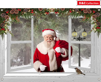 Tuinposter voor Kerst - 90x65 cm - kerstposter voor buiten - doorkijk - wit venster met besneeuwd bos en Kerstman -winter poster - kerst decoratie
