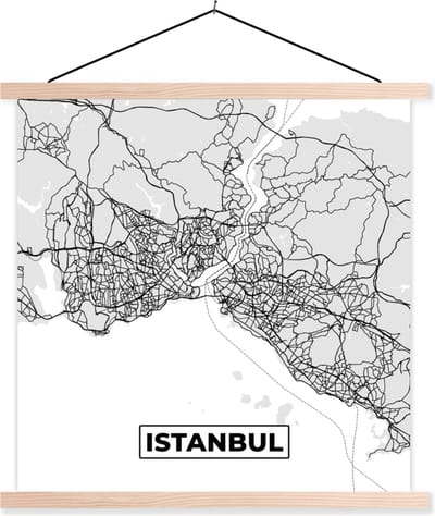 Posterhanger incl. Poster 40x40 cm - Schoolplaat - Istanbul - Plattegrond - Stadskaart - Zwart Wit - Kaart - Textielposter - Blanke latten - Stadskaart