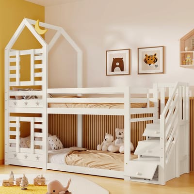 Kinderbed, Etagebed Boomhut met Lades en Valbeveiliging 90x200 cm, Hoogbed voor Kinderen-2x Lattenbodem-Wit