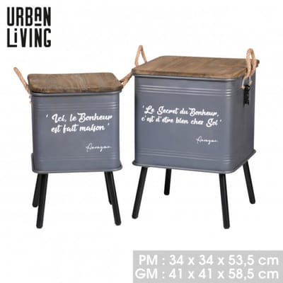 "LOFT & METAL" SET VAN 2 METALEN KISTTAFELS MET POTEN EN GRIJZE TOUWHANDVATEN