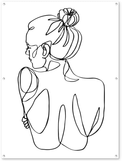 Tuinposter 120x160 cm - Tuindecoratie Abstracte line art van een vrouw van achteren - Poster voor in de tuin - Buiten decoratie - Schutting tuinschilderij - Tuindoek muurdecoratie - Wanddecoratie balkondoek