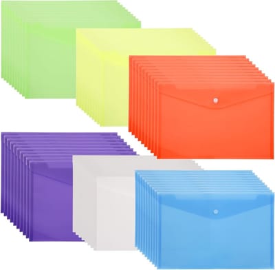 Transparante A5 Documententas van Polypropyleen met Knop voor Documentopslag en Enveloppen, 6 Kleuren, Verpakking van 60 Stuks - Ideaal voor Organisatie en Archivering