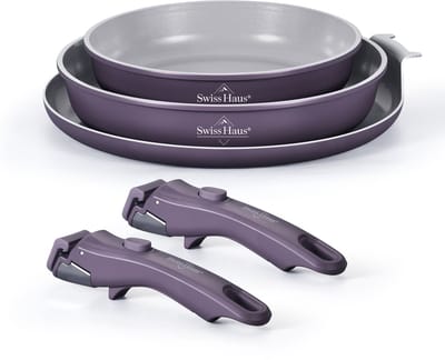 Swiss Haus® GCFP5LT Pannenset 5-delig – Koekenpannen & Pannenkoekenpan – Ø20/24/27 cm – 1.1L / 1.8L – PFAS Vrij – Inductie & Alle Warmtebronnen – Afneembare Handgreep – Stapelbaar – Paars