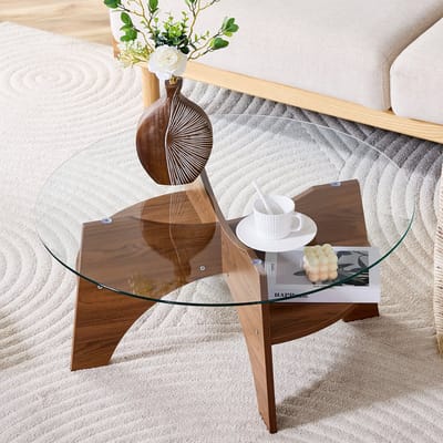 MODENUIT Bijzettafel - Rond Tafelblad Van Veiligheidsglas - Voor Woonkamer En Balkon - MDF Walnoot - Ø80x36 Cm