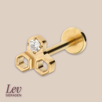 Lev Sieraden - Goud kleur - Titanium Push Pin Labret piercing - honingraat en steen - oor - lip - piercing