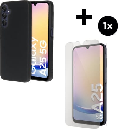 Mobiparts Silicone Cover hoesje geschikt voor Samsung Galaxy A25 met 1 Screenprotector van Gehard Glas - Zwart
