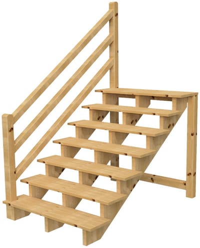 Vrijstaande buitentrap met houten trapleuning Links - H 7-treden 122cm B 120cm - zonder stootbord