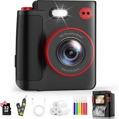 Zwarte Instant Print Camera PRO | 1080P Video, 13000 mAh Batterij & Creatieve Afdrukeffecten | 32GB Kit & Cadeau 3-12 Jaar