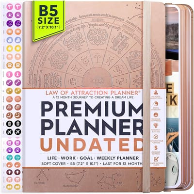 Ongedateerde Jaarplanner 12 Maanden voor Productiviteit, Geluk en Doelen Stellen | Inclusief Vision Board & Dagelijkse Planning