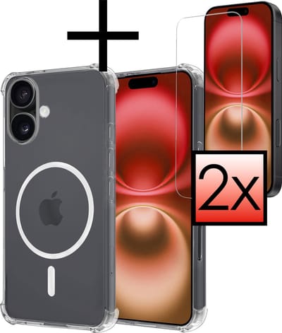 Hoesje - Met 2x Screenprotector - Geschikt voor Apple iPhone 16 - Magsafe Compatible - Sterk & Shockproof - Back Cover - Shock Proof Case - Telefoon Hoes - Transparant