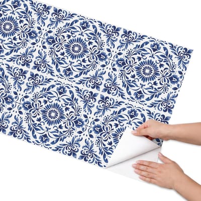 Coloray Meubel Wrap Folie - Blauw Meubelfolie - 65x130 cm - Wrapfolie Keuken Tegelpatroon - Decoratiefolie - Klassiek Meubelfolie - Meubel Wrap Folie - Woonkamer decoratie - Achtergronden en patronen