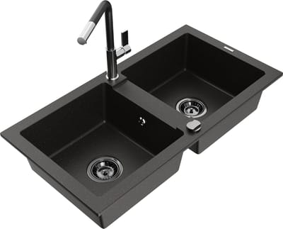 Mexen Mario granieten gootsteen 2-kamer met keukenkraan Flora, zwart/goud metallic - 6504-75-670401-07-B