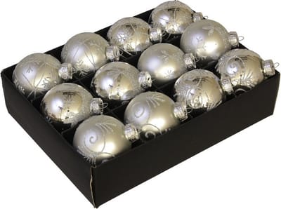 Othmar Decorations Luxe kerstballen - gedecoreerd - 12x st - zilver - D7,5 cm - glas - kerstversiering